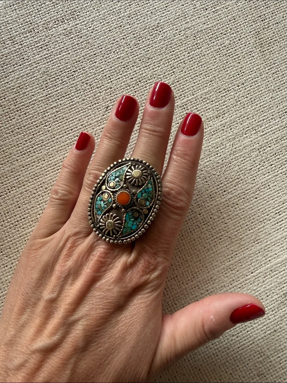 Boho Turquoise & Orange Statement Ring for Women